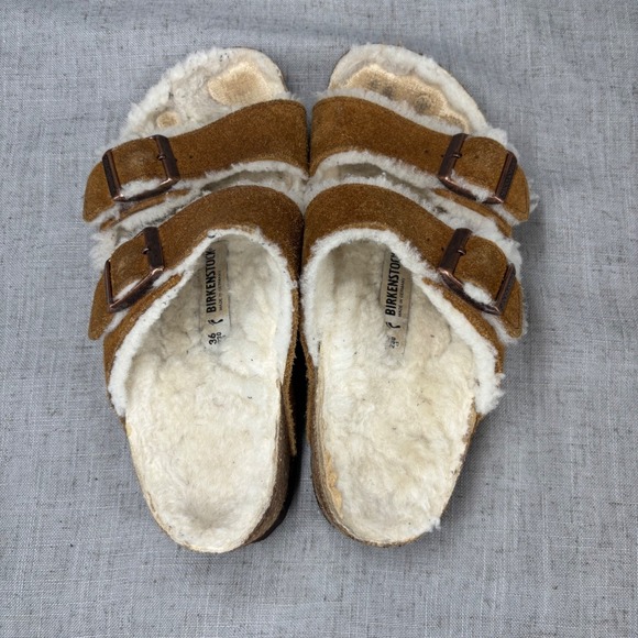 Birkenstock Arizona Shearling Suede Tan Leather Slides Sandals Women's EU 36 - Picture 7 of 10